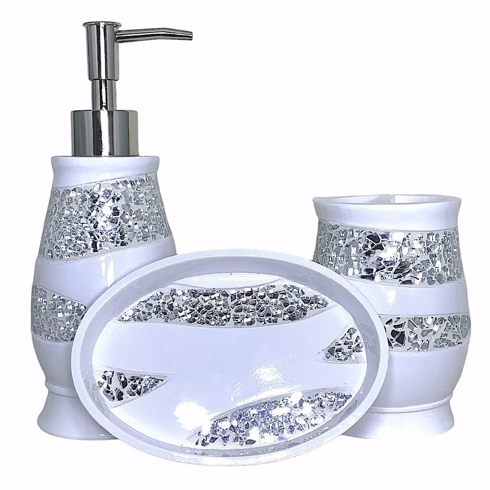 White Sinatra Reflective Mirror Mosaic Glass Bathroom Accessory 3 PC Vanity Set